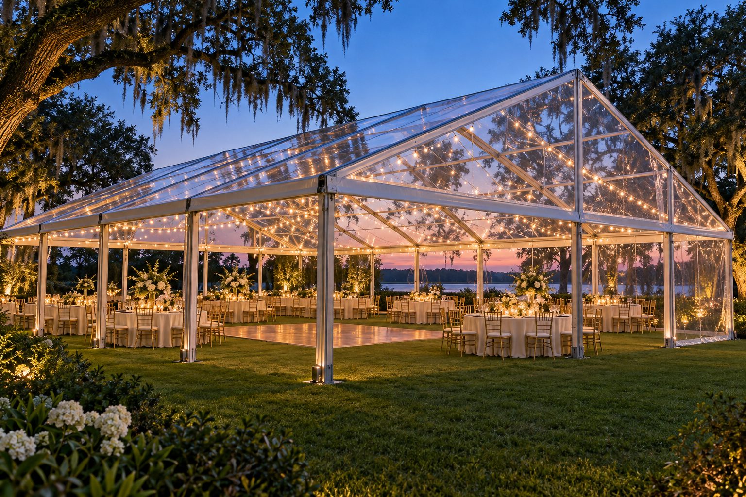 Clear-top tent lit up at night