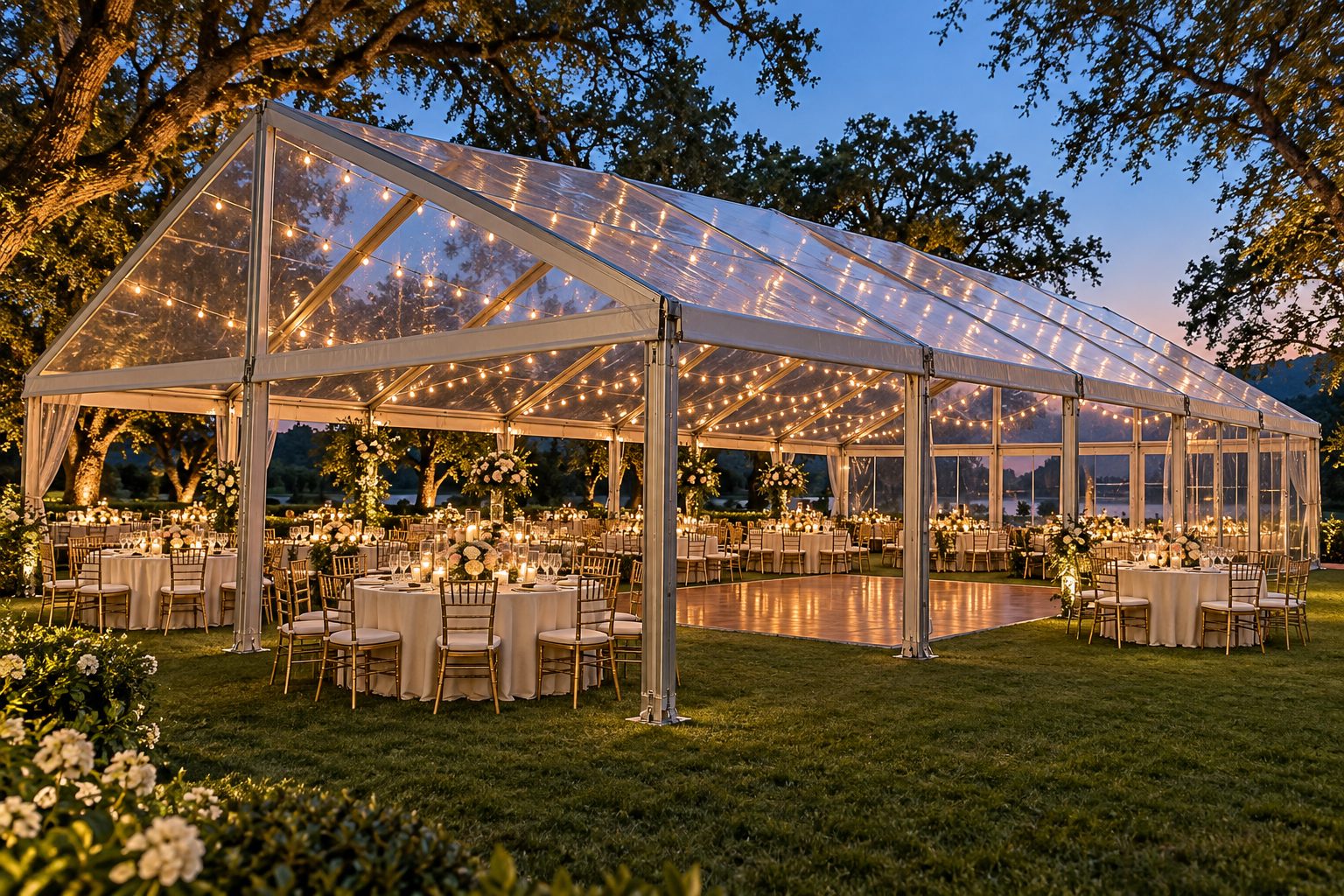Clear-top tent wedding reception at dusk with string lights