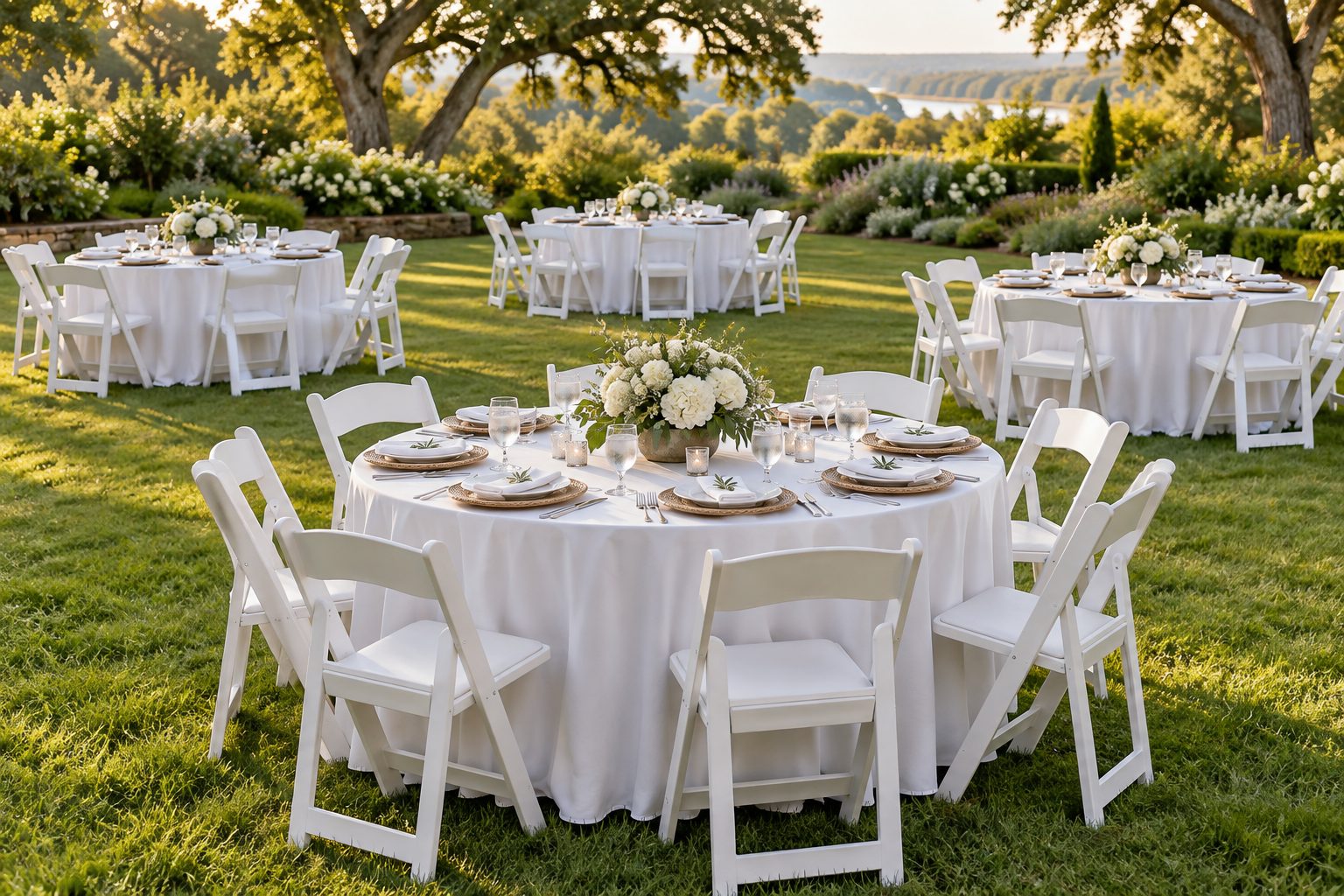 Round tables with white linens and resin chairs