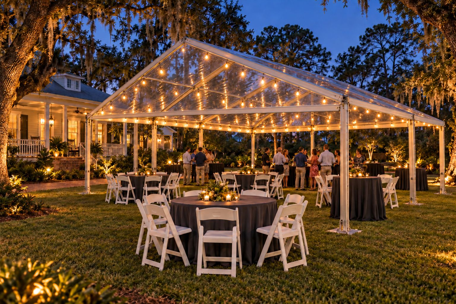Evening reception under a clear-top tent